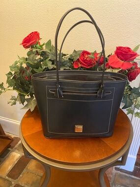 Dooney & Bourke Black Leather Tote with Contrast Stitching